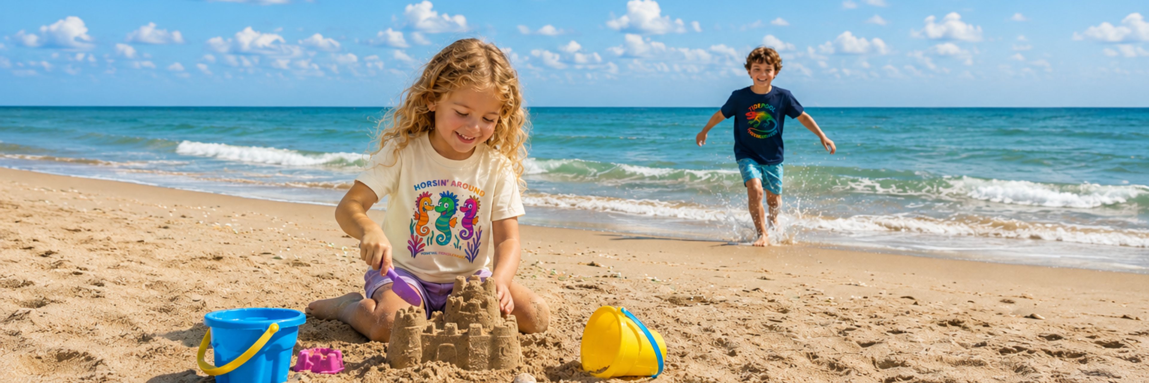 Kids beach lifestyle image featuring a young blonde girl in a cream Tidepool Troublemaker “Horsin’ Around” t-shirt building a sandcastle while an older boy in a navy Tidepool Troublemaker dinosaur shirt plays in the background by the ocean.