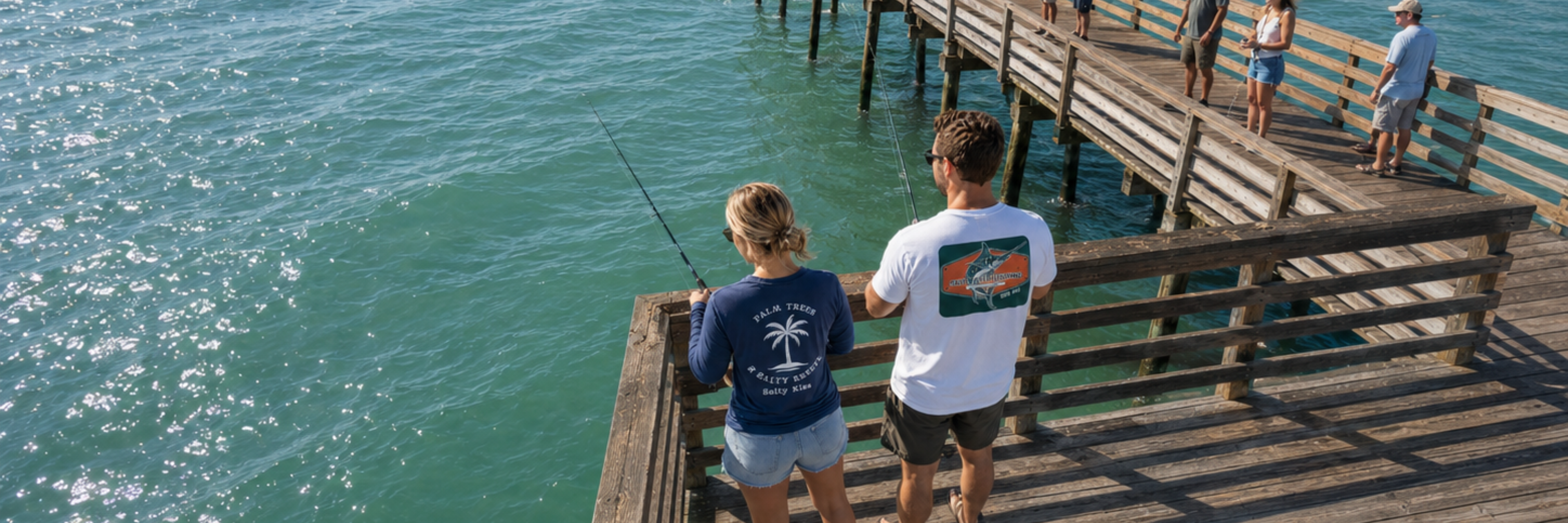 Man and woman wearing Salty Kiss fishing and coastal lifestyle t-shirts on a pier.