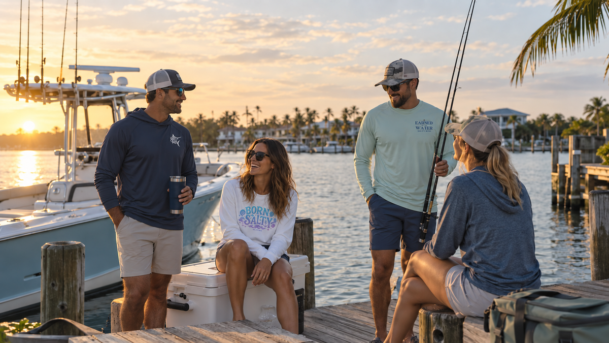 Salty Kiss fall coastal lifestyle image featuring friends at a Florida marina during golden hour, wearing performance fishing apparel, a Born Salty sweatshirt, and casual coastal layers by the boat dock.