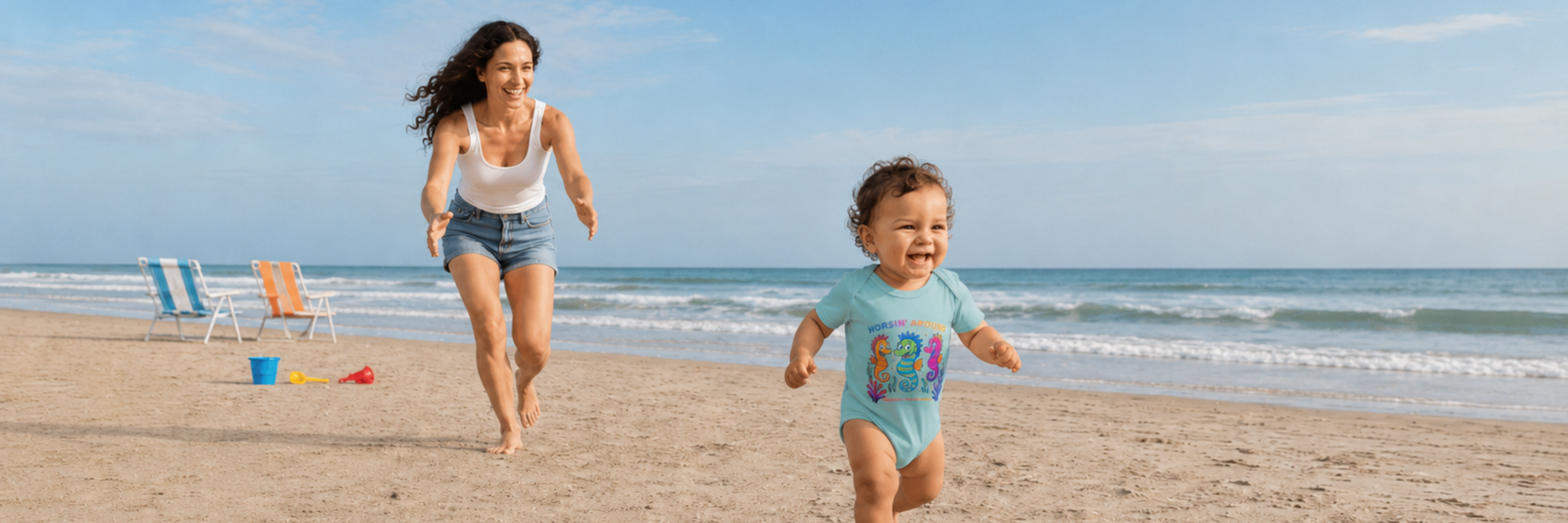 Infant boy wearing a mint coastal seahorse onesie running on a sandy beach while his mother follows behind near ocean waves.