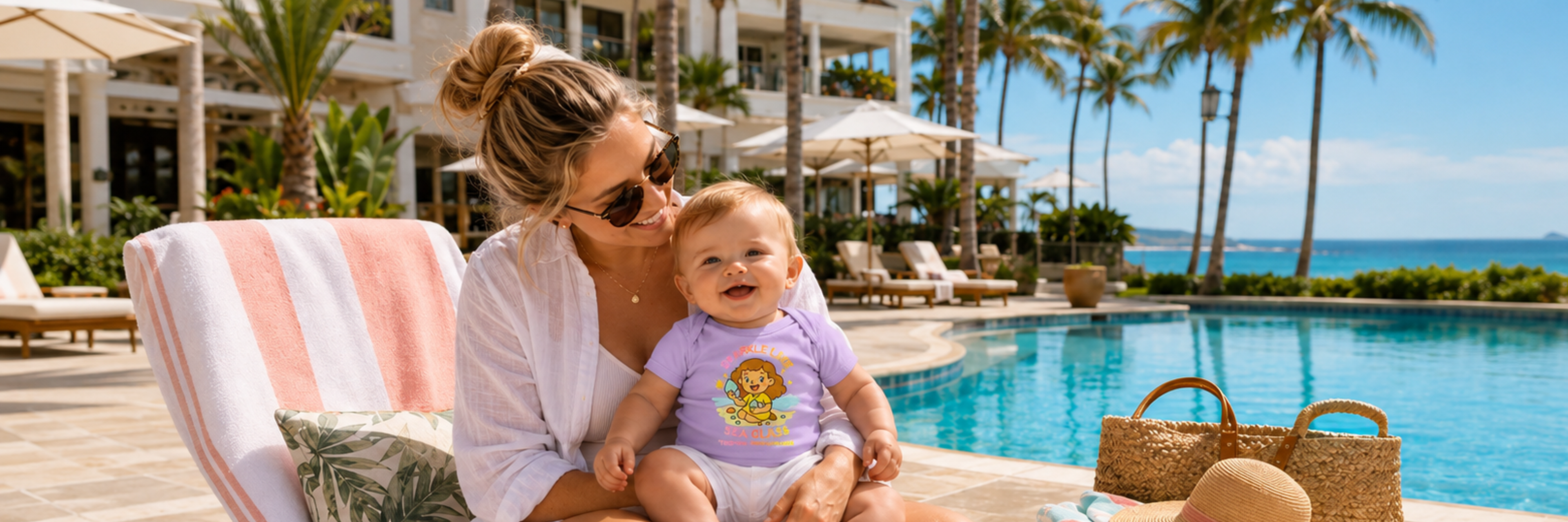 Infant girl wearing a lavender sea glass onesie and white shorts sitting on her mother’s lap by a tropical hotel pool with beach accessories nearby.