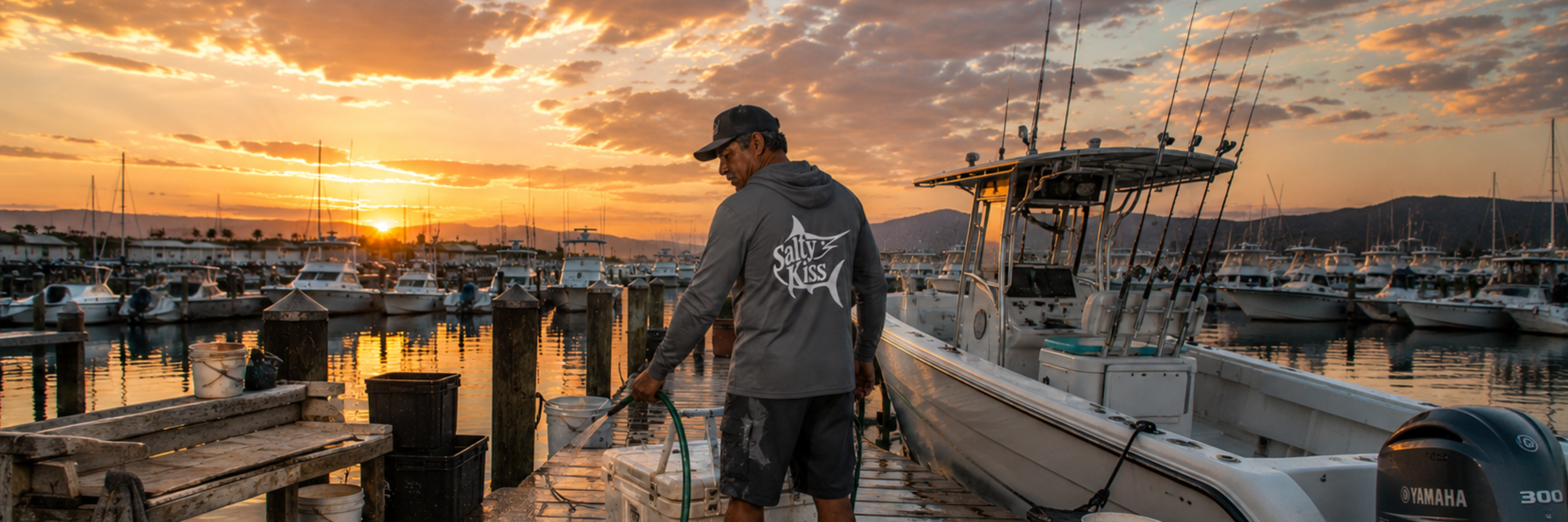 Salty Kiss men’s coastal performance hoodie worn at a marina beside a fishing boat at sunset.