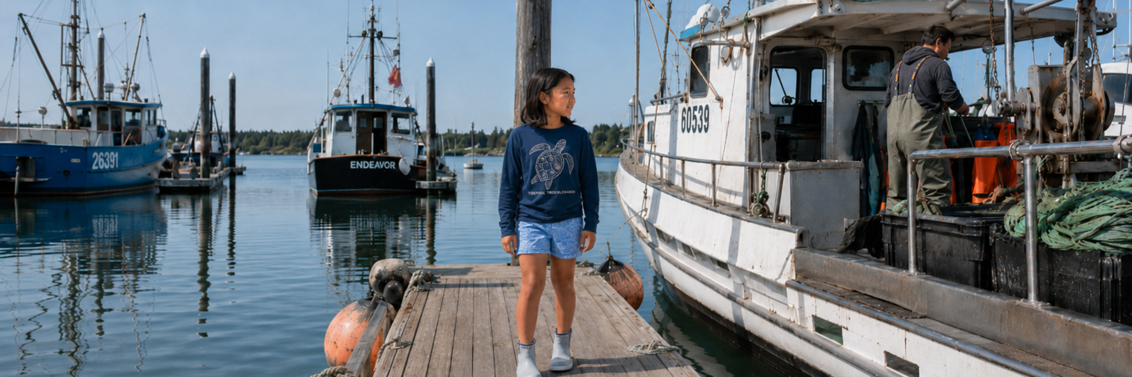 Youth girl wearing a navy Tidepool Troublemaker sea turtle performance long sleeve shirt standing on a marina dock beside a commercial fishing boat.