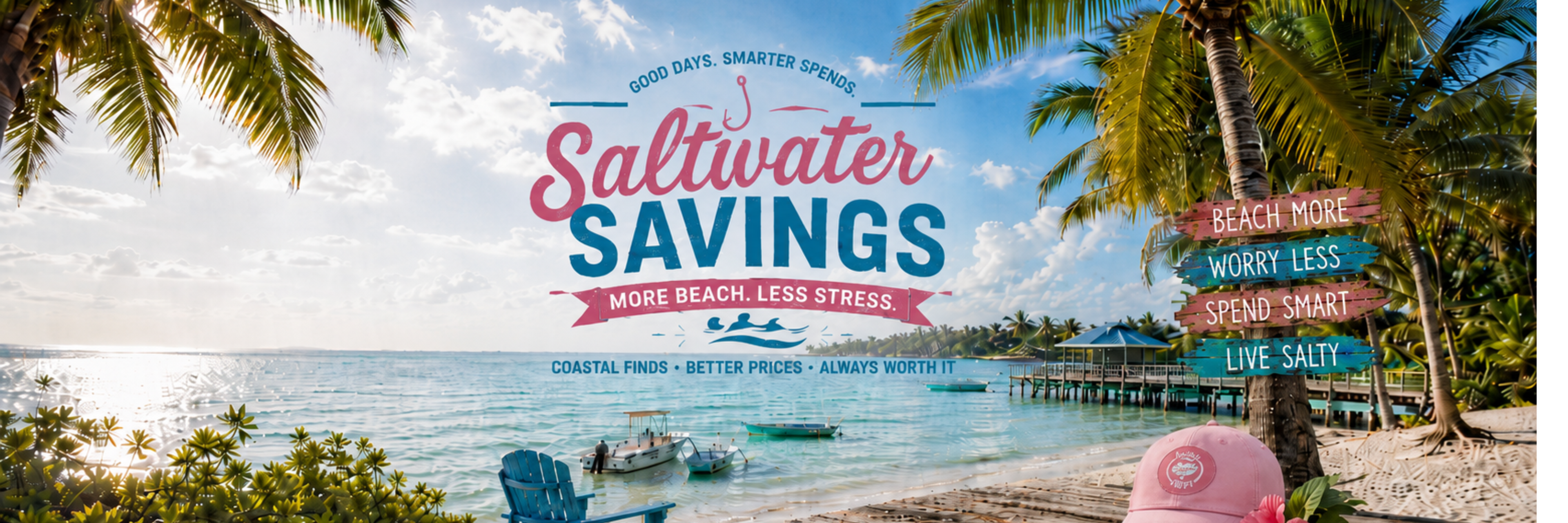 Saltwater Savings sale banner for Salty Kiss coastal apparel with tropical beach, palm trees and ocean view.