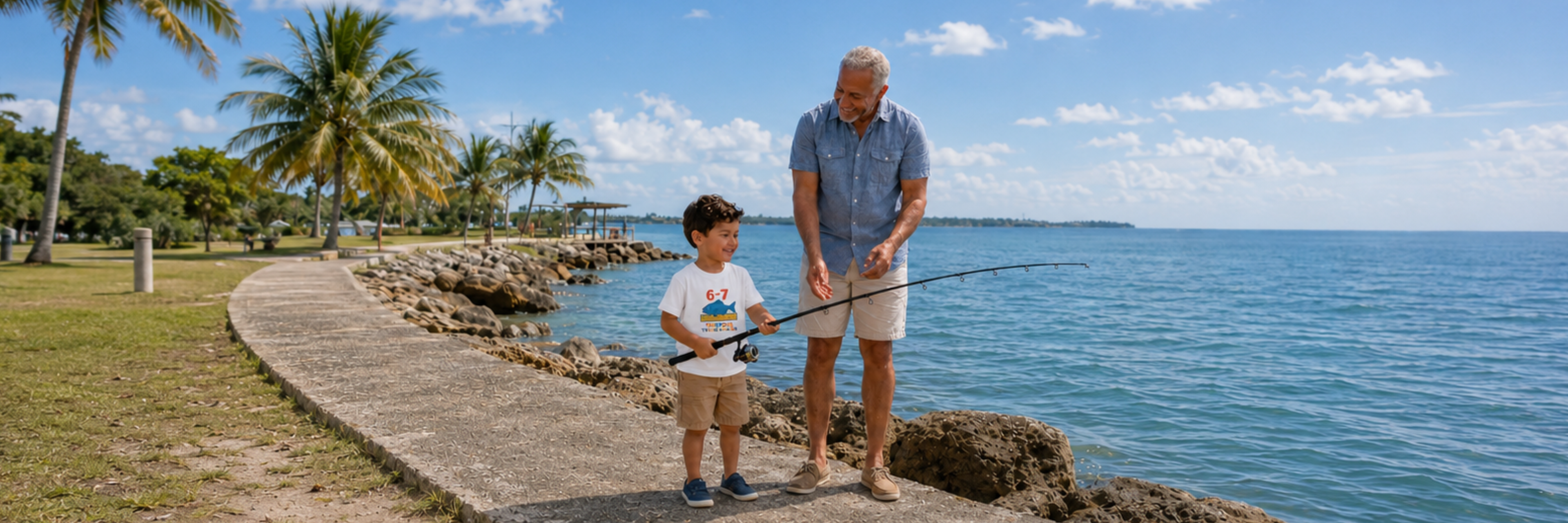 Toddler boy wearing a white Tidepool Troublemaker fish measurement shirt fishing with his grandfather near a rocky jetty by the ocean.