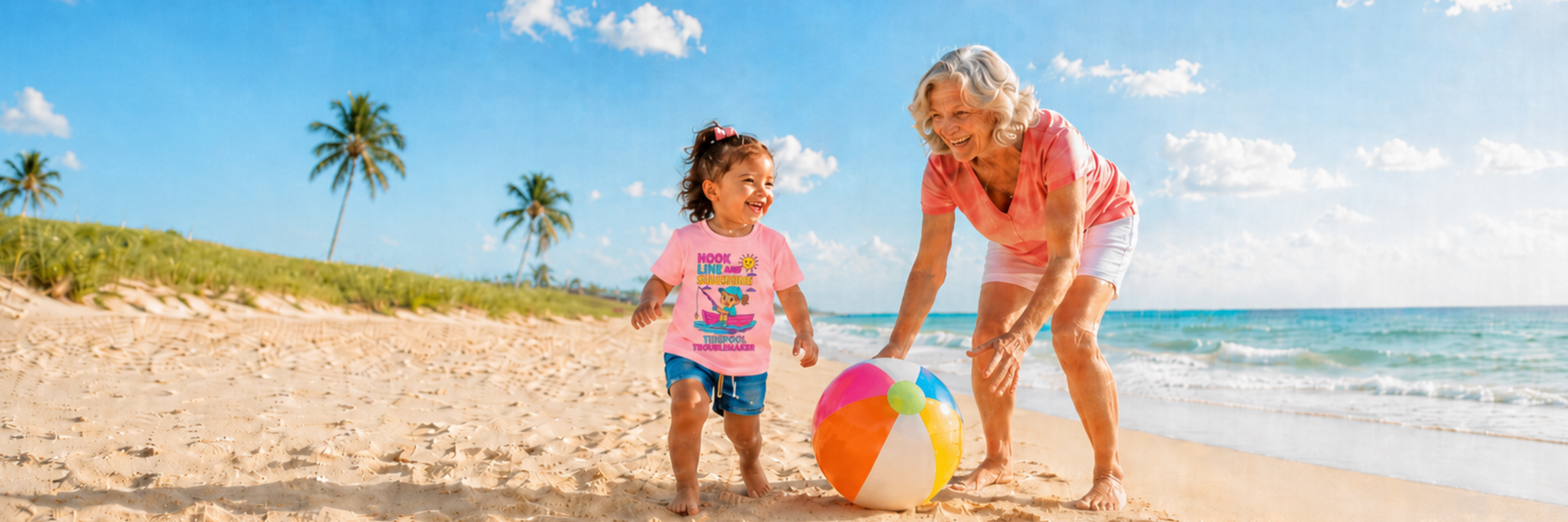 Toddler girl wearing a pink Tidepool Troublemaker “Hook Line and Sunshine” t-shirt playing with a beach ball alongside her grandmother on a sunny beach.