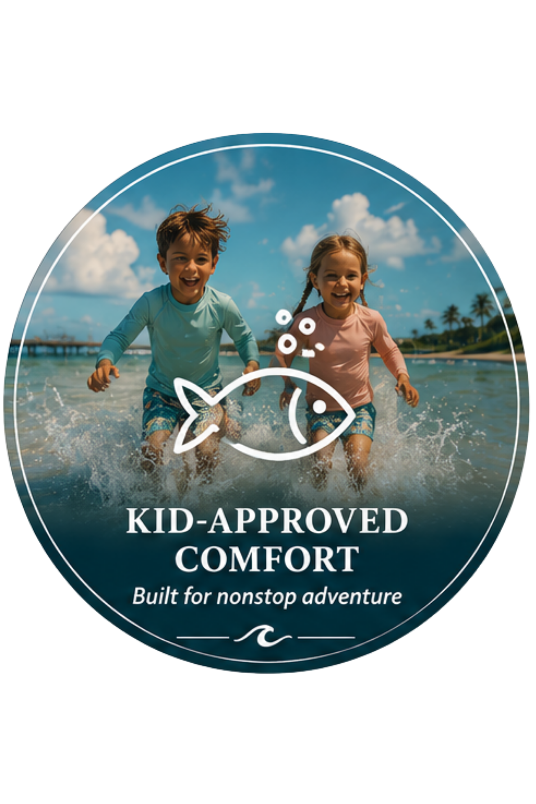 Kid-approved comfort badge for Tidepool Troublemaker youth coastal apparel.