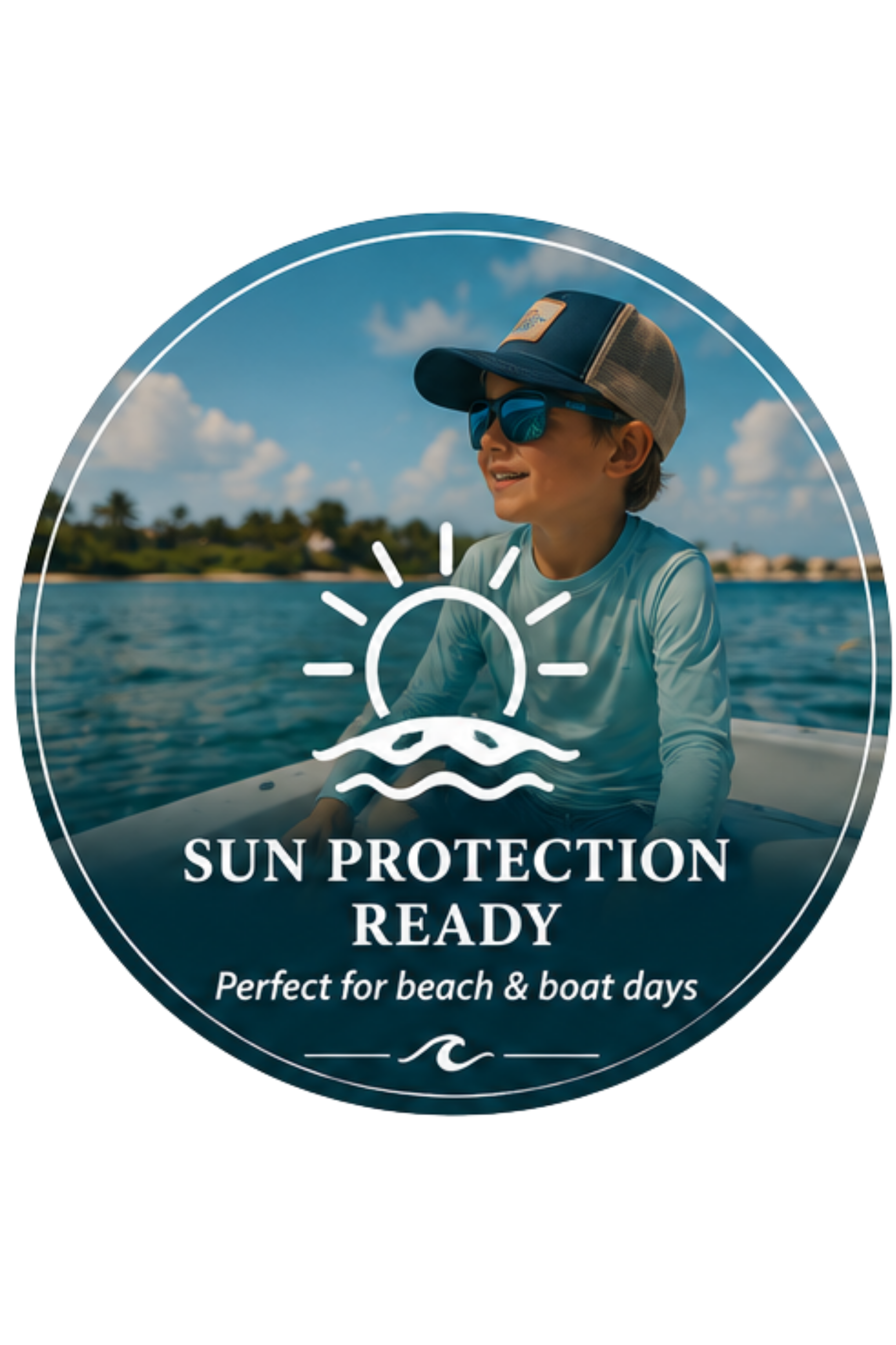Sun protection ready badge for Tidepool Troublemaker kids beach and boat apparel.