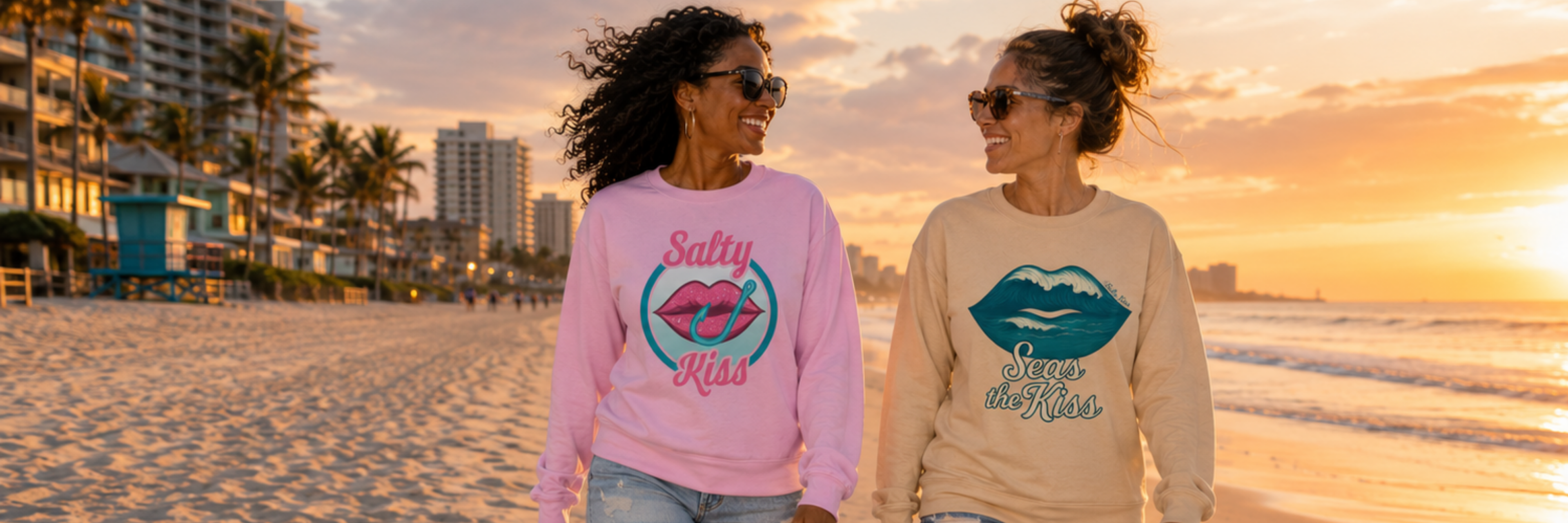 Salty Kiss women’s coastal graphic sweatshirts worn on a sunset beach walk by the ocean.