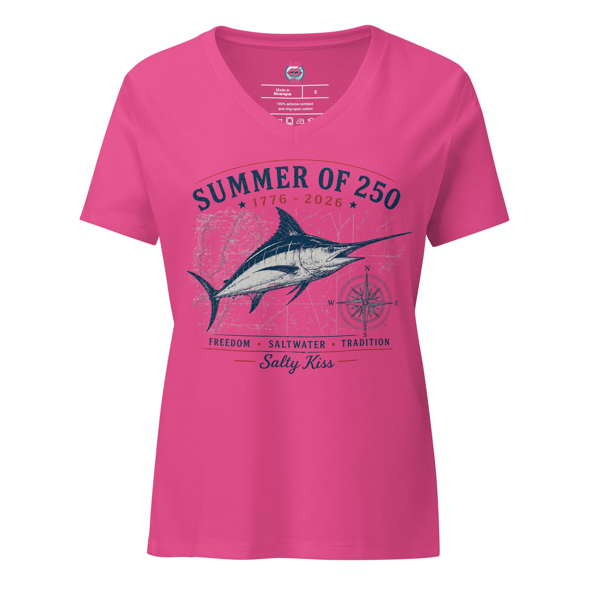 Summer of 250 Coastal Women's V-Neck Tee - Freedom Saltwater Marlin by Salty Kiss coastal apparel