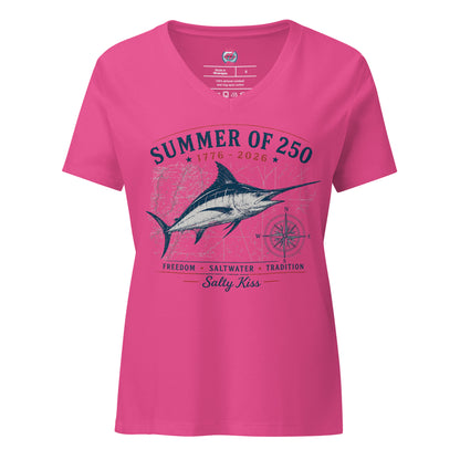 Summer of 250 Coastal Women's V-Neck Tee - Freedom Saltwater Marlin by Salty Kiss coastal apparel