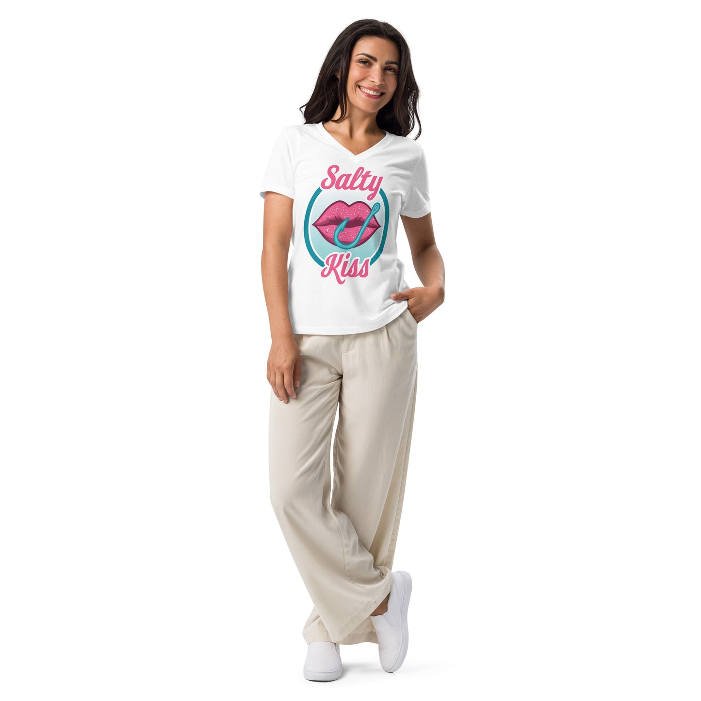 Women’s V-Neck Tee - Salty Kiss Color Logo by Salty Kiss coastal apparel