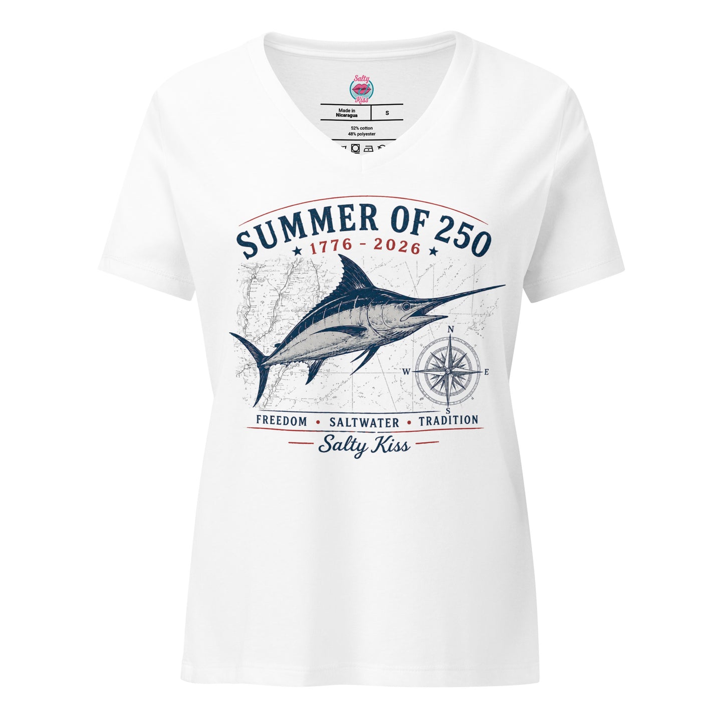 Summer of 250 Coastal Women's V-Neck Tee - Freedom Saltwater Marlin by Salty Kiss coastal apparel