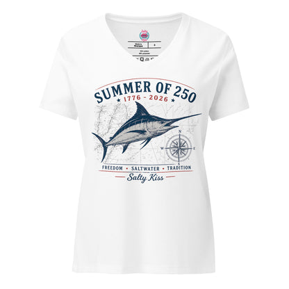 Summer of 250 Coastal Women's V-Neck Tee - Freedom Saltwater Marlin by Salty Kiss coastal apparel