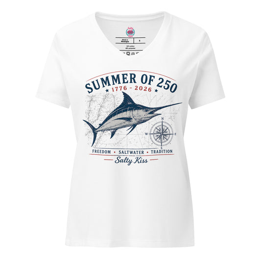 Summer of 250 Coastal Women's V-Neck Tee - Freedom Saltwater Marlin by Salty Kiss coastal apparel