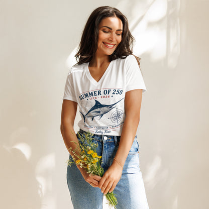 Summer of 250 Coastal Women's V-Neck Tee - Freedom Saltwater Marlin by Salty Kiss coastal apparel