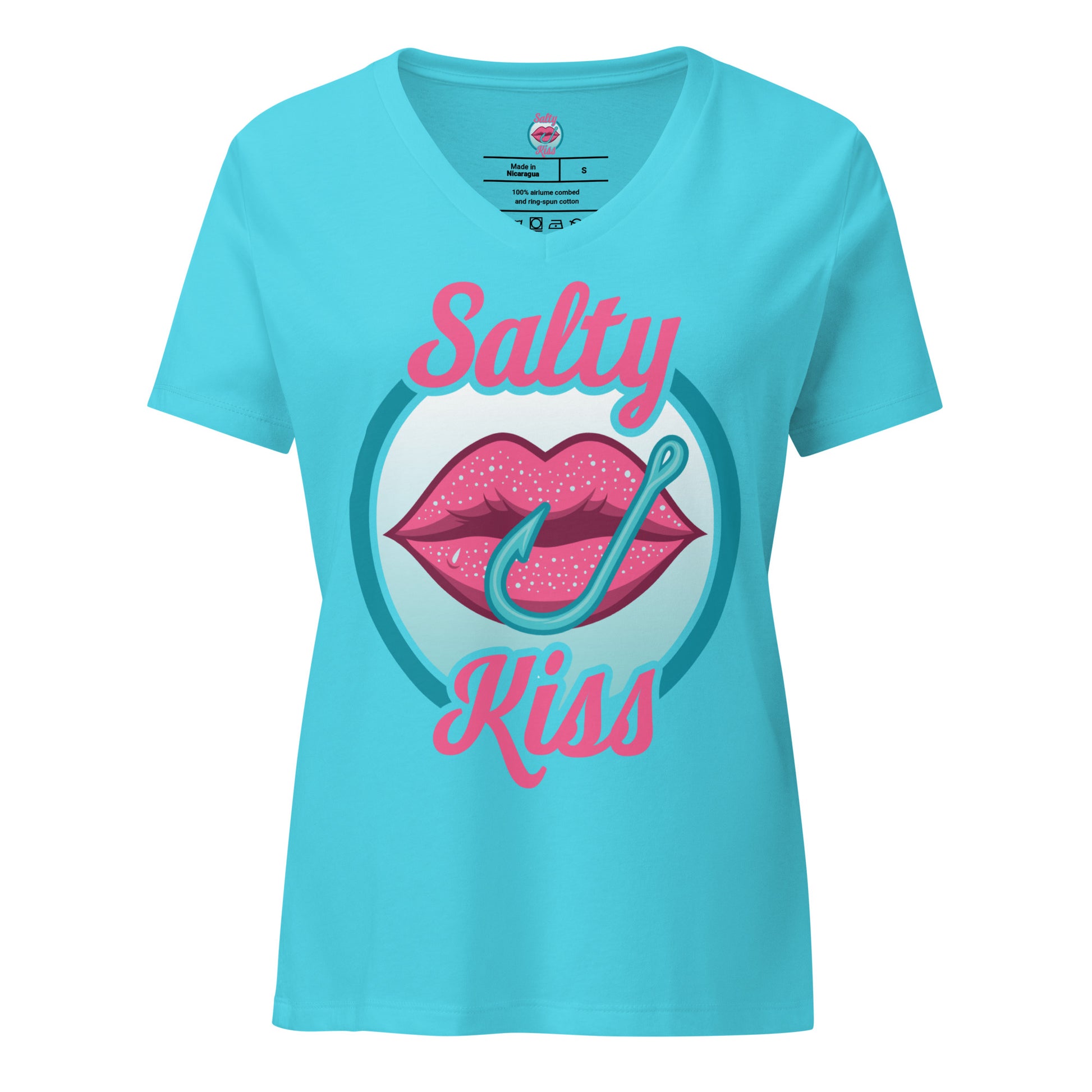 Women’s V-Neck Tee - Salty Kiss Color Logo by Salty Kiss coastal apparel