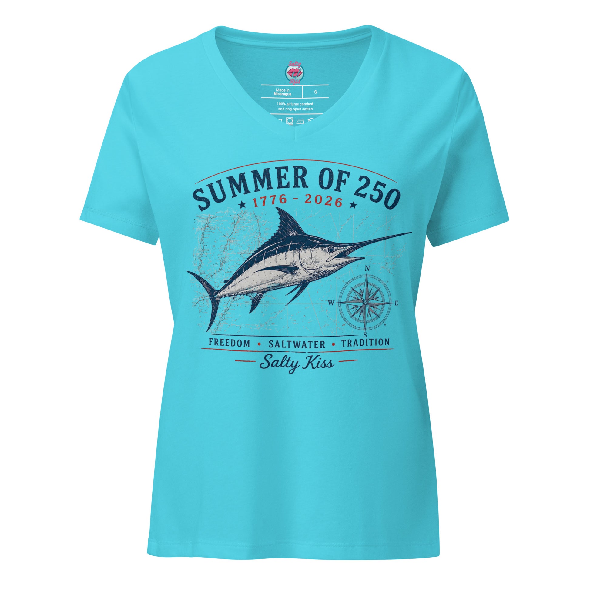 Summer of 250 Coastal Women's V-Neck Tee - Freedom Saltwater Marlin by Salty Kiss coastal apparel